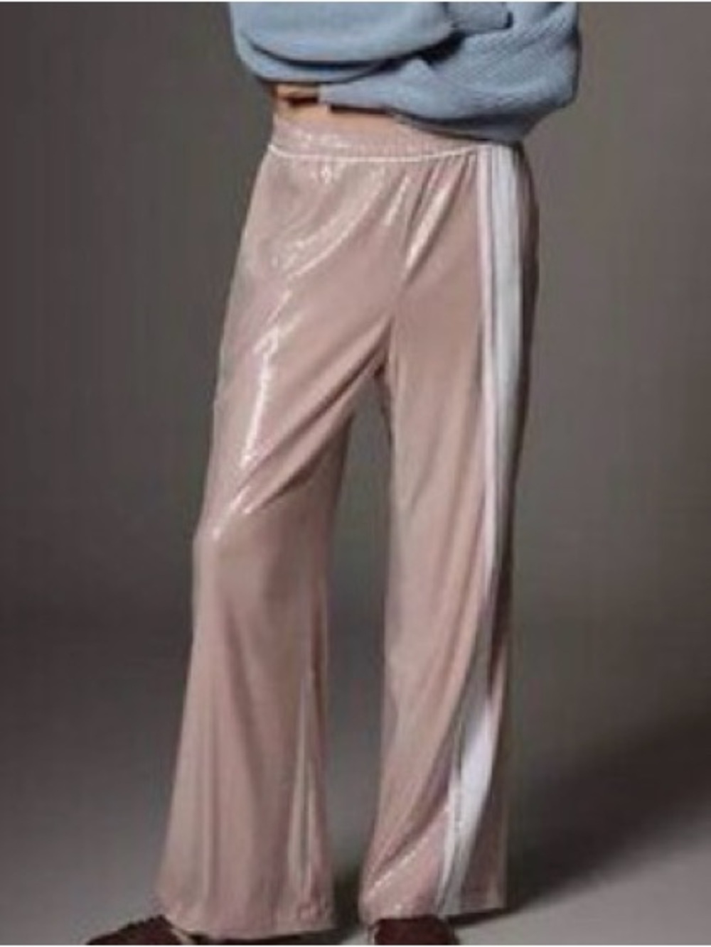 Anthropologie Maeve Pink Sequin casual Track Pants White Side Stripe size Small